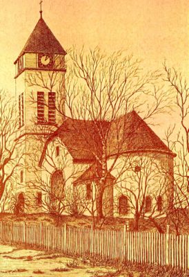 zu sehen ist eine Bleistiftzeichnung der evangelischen Kirche von R. N. Fellinger
