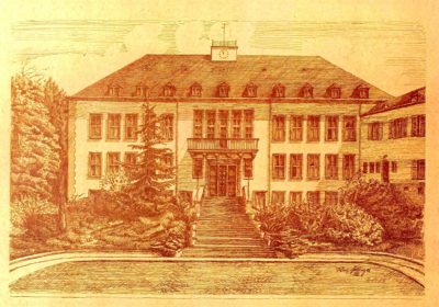 zu sehen ist die Bleistiftzeichnung des Bouser Rathauses von R. N. Fellinger