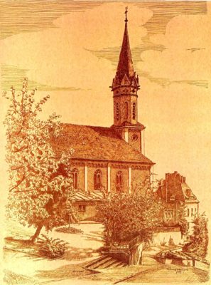 zu sehen ist die Katholische Kirche auf einer Zeichnung von R. N. Fellinger